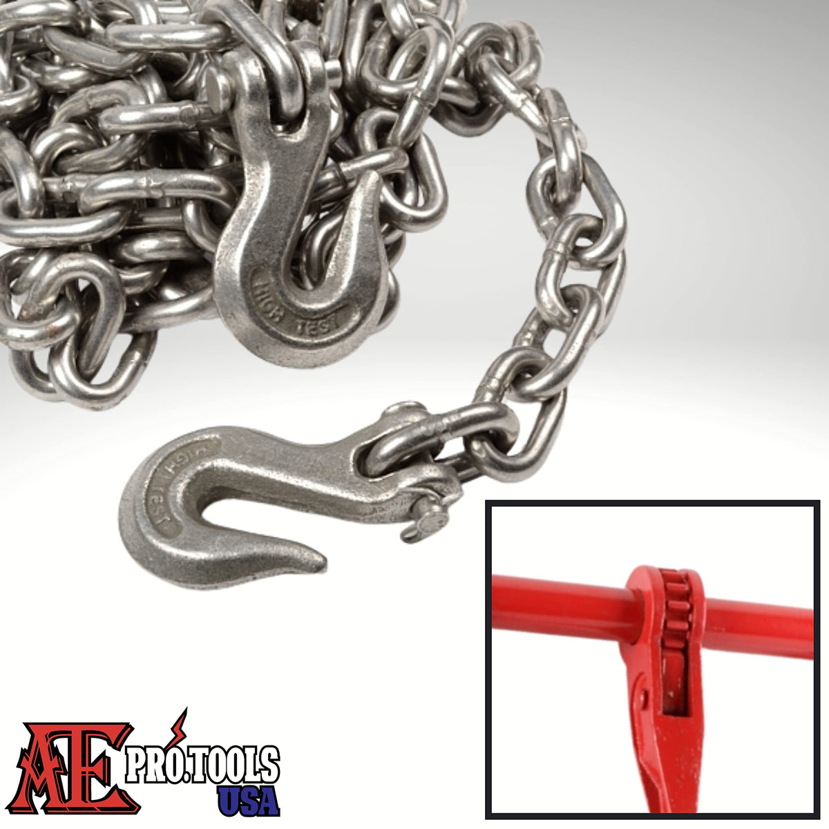 ATE Pro. USA - 4 Piece Load Binder Kit - 3/8” Chains and Load Binders | 25 Foot Chains | Includes (2) Ratchet Binders and (2) Transport Chains | Chain Binder 5,000 lbs. Safe Working Load, Secure Load