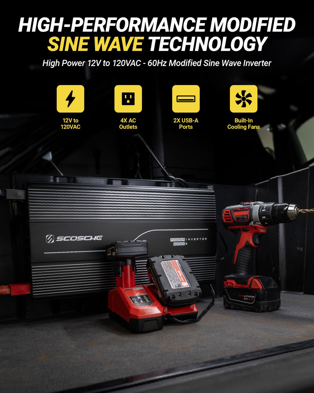 Scosche 5000W Modified Sine Wave Inverter 12V DC to 120V AC Converter, 10000W Peak, 4 AC Outlets, Dual USB-A Ports, LED Indicator, Heavy Duty Power Inverter for Truck, RV, Off-Grid Systems