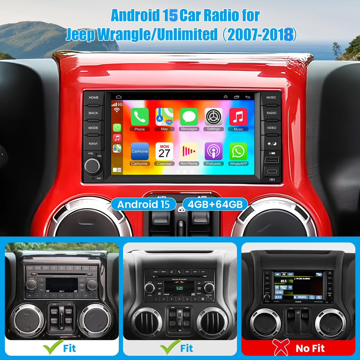 Car Radio Stereo for Jeep Wrangler JK 2007-2018,for Dodge Grand Caravan 2008-2020, for Chrysler Town & Country 2008-2016, Android 15.0 (4G RAM 64G ROM) with Wireless Carplay& Android Auto