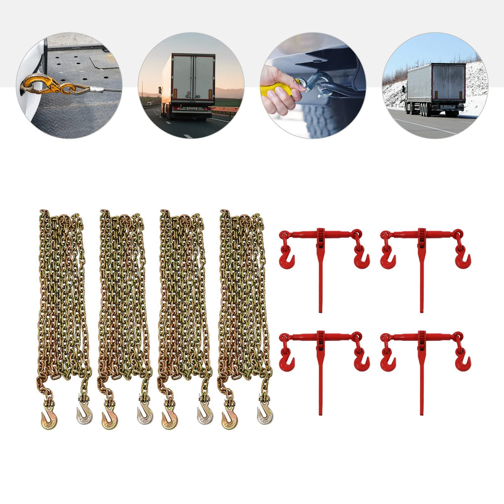 4-Pack Chain Binder Kit, Ratchet Load Binder Ratchet Binder + Chain 5/16"-3/8" 20ft Chains Hauling Steel