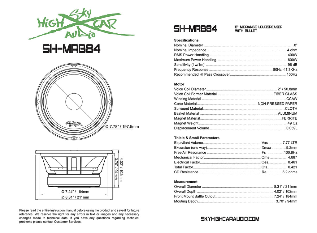 Sky High Car Audio Package Deal 2 MRB84 8" Midrange Bullet Speakers & 2 TW1S Tweeters