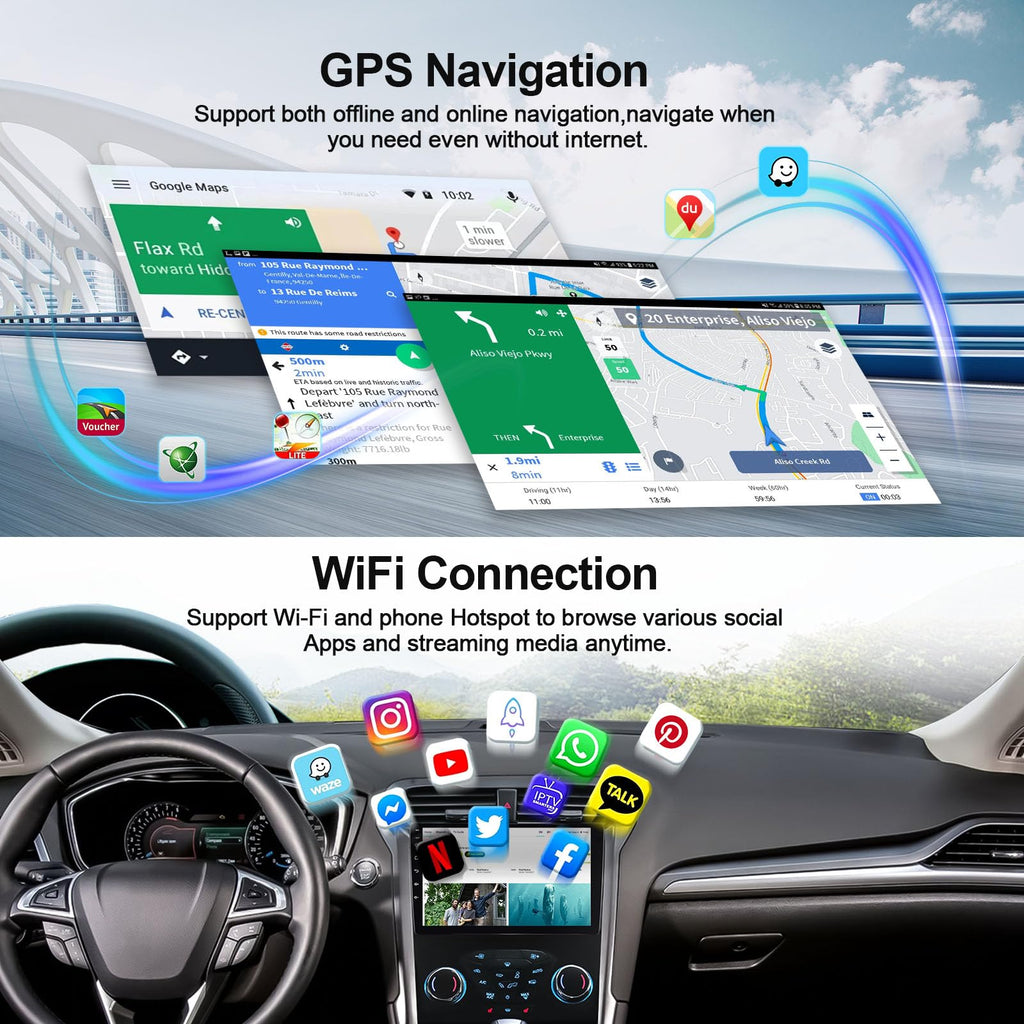 CAMECHO 8-Core 6G+128G Car Radio for Ford Fusion 2013-2016 with Wireless CarPlay Android Auto 9 Inch 1280 * 720 HD Touch Screen Car Stereo Android 15 GPS WiFi DSP 32EQ FM Bluetooth 5.0 Backup Camera
