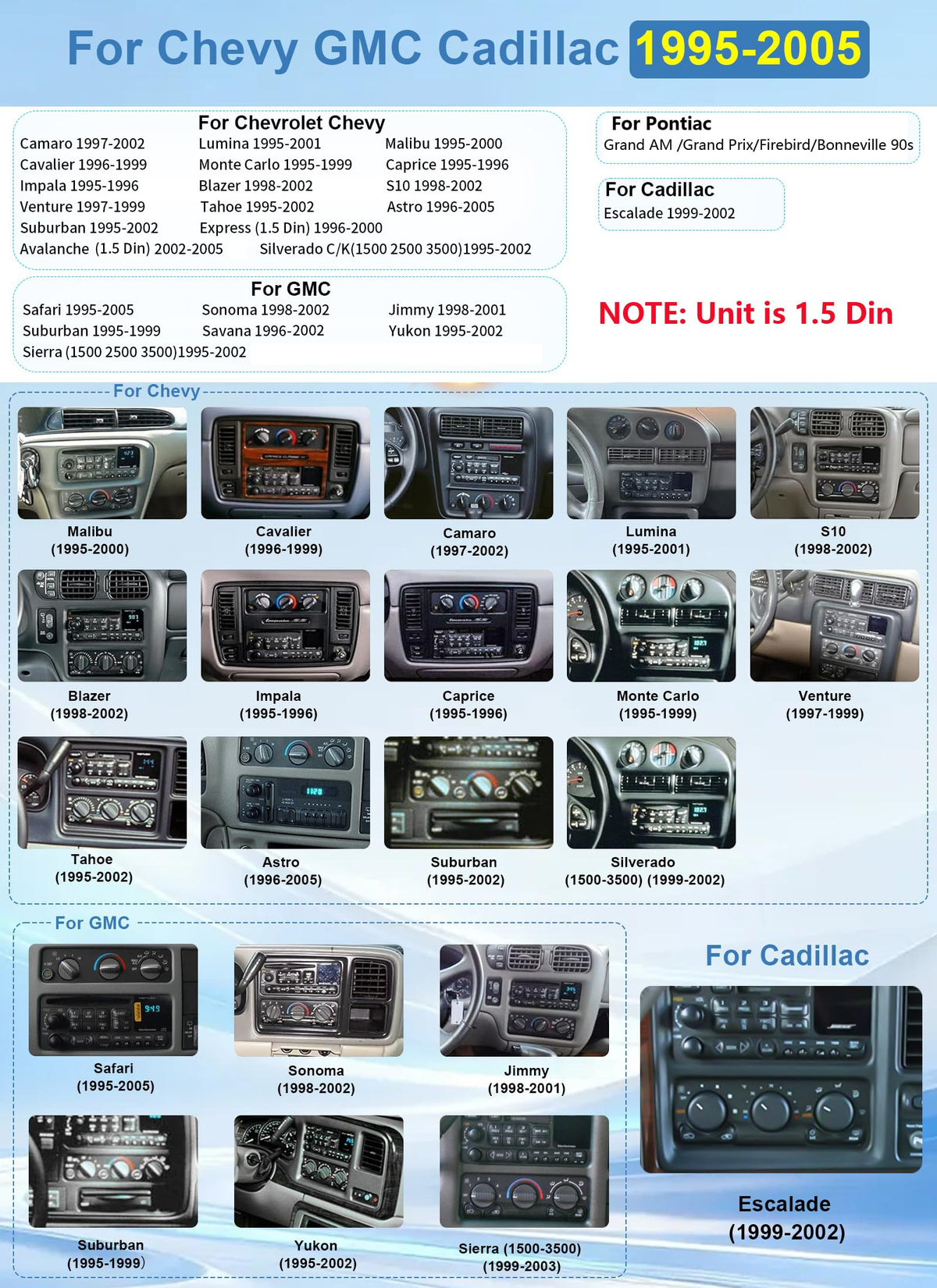 1.5 Din Car Stereo Radio GPS Navi Carplay Android Auto for 1995-2005 Chevy GMC Pontiac Tahoe Yukon Suburban Sierra S10 Blazer Jimmy Astro Safari C/K Silverado Lumina Camaro Corvette Grand AM Cavalier