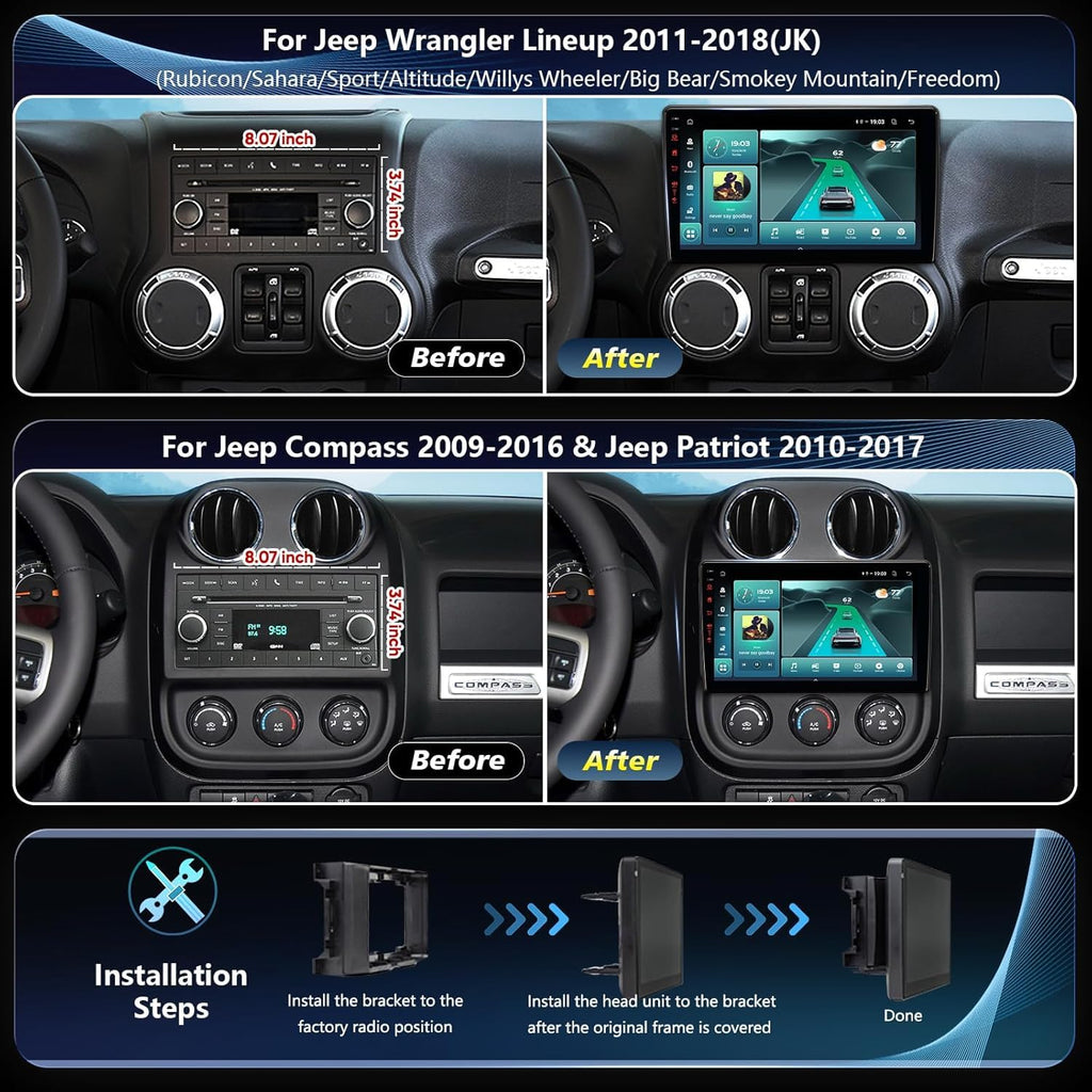 10.2 inch Car Radio Replacement for Jeep Wrangler JK 2007-2018 4GB+64GB Touchscreen Stereo with Wireless CarPlay Android Auto - 1080P Backup Camera GPS Navigation