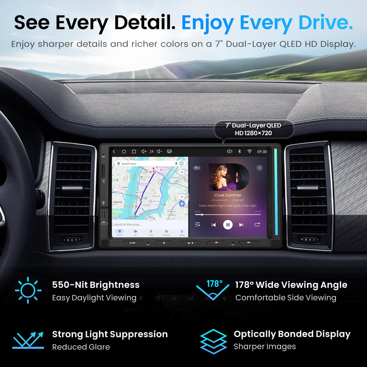 S8 Gen4 7" Android Double DIN Car Stereo with 4G LTE, Wireless CarPlay & Android Auto, QLED Touchscreen, DSP 4V Pre-Outs, Optical Out, HDMI in/Out, GPS Tracker, LED Sync Bar, S84G2D7PB