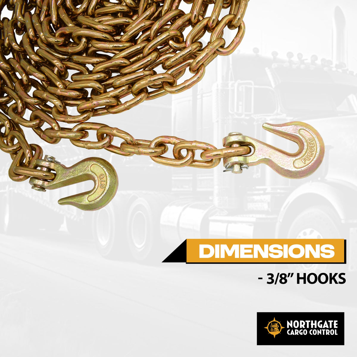 Transport Chain - 3/8" x 10 ft Long, Grade 70 Chain with Clevis Grab Hooks - G70 Load Binder Chain, 6,600 lbs WLL - Pack of 4 (Northgate Cargo Control)