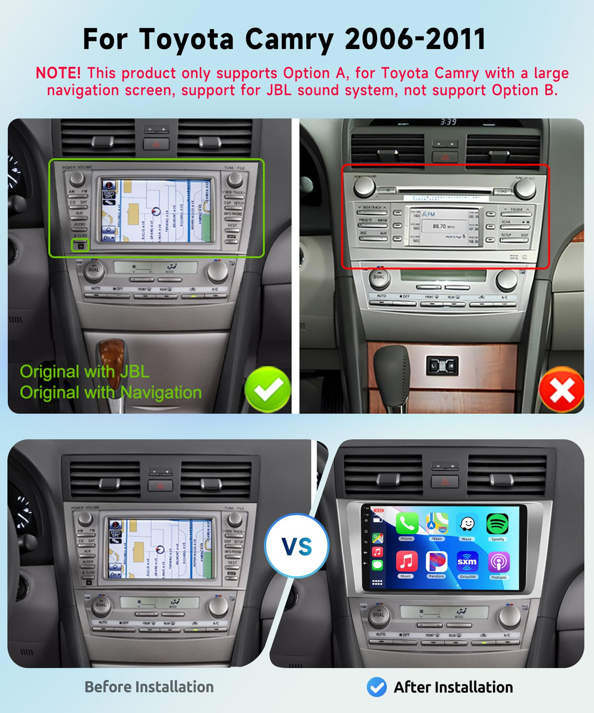 for Toyota Camry 2006-2011 with JBL 8 CORE 6G+128G Car Radio Stereo with Wireless CarPlay Android Auto, 9 Inch 1280 * 720P IPS Touch Screen Android 13 GPS WiFi Bluetooth 32-Band DSP SWC HD Camera