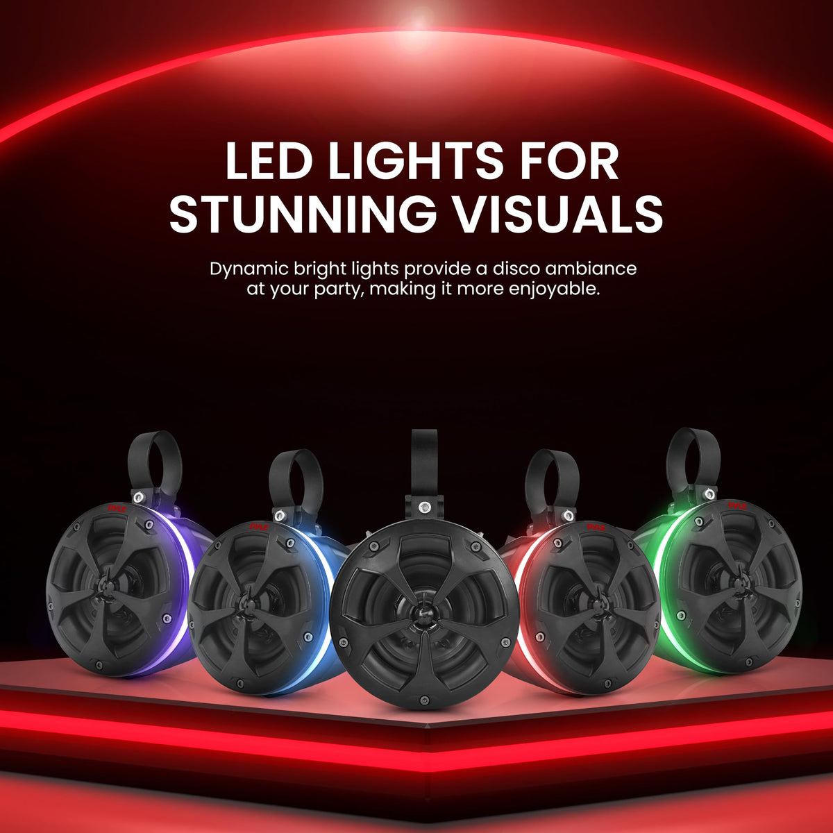 Pyle Waterproof Off-Road Speakers - 2-Way 800W 4 Inch Marine Grade Wakeboard Tower Speaker System Full Range Outdoor Audio Stereo Speaker w/RGB Lights - ATV, UTV, 4x4, Jeep, Watercraft, Boat (2 Pair)