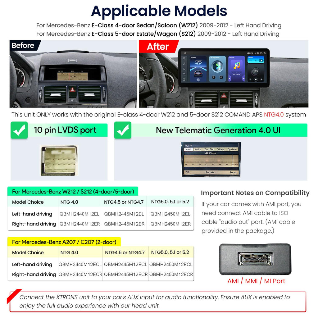 XTRONS Android Car Stereo for Mercedes-Benz E-Class W212 S212 (2009-2012) NTG 4.0, 12.3" IPS Touchscreen, Wireless CarPlay & Android Auto, Qualcomm Snapdragon 662, 8+128GB, Retains OEM Functions