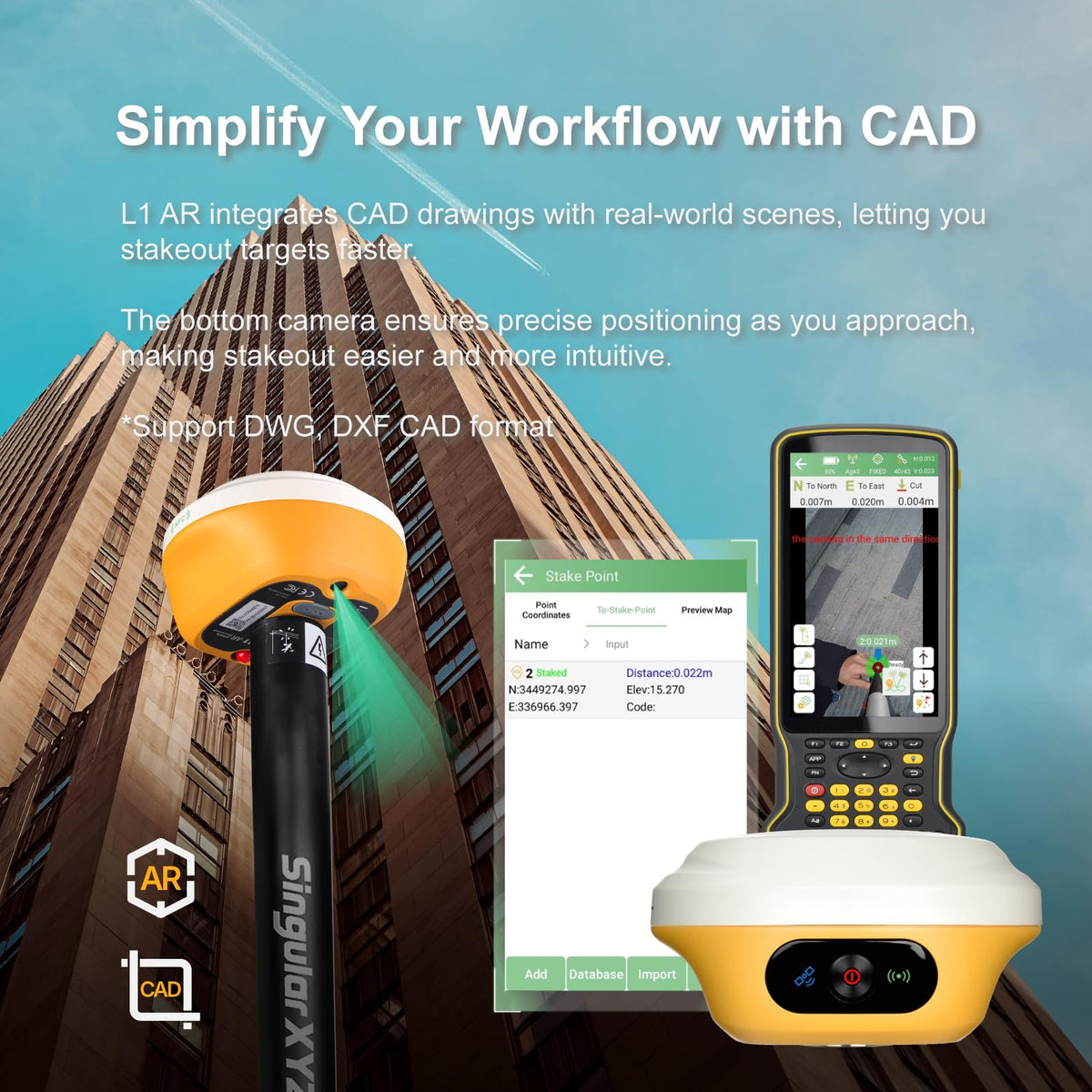 L1-AR+L1-Laser GNSS RTK Base+Rover – RTK GPS Handheld Collector with Software & Visual Stakeout with Camera, Global Shutter with 2 MP, 2cm Accuracy, 120° Tilt Survey | Professional Support
