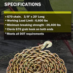 4 Pack 3/8" x 20' G70 Welded Steel Tow Chain Binder Tie Down Binder Chain