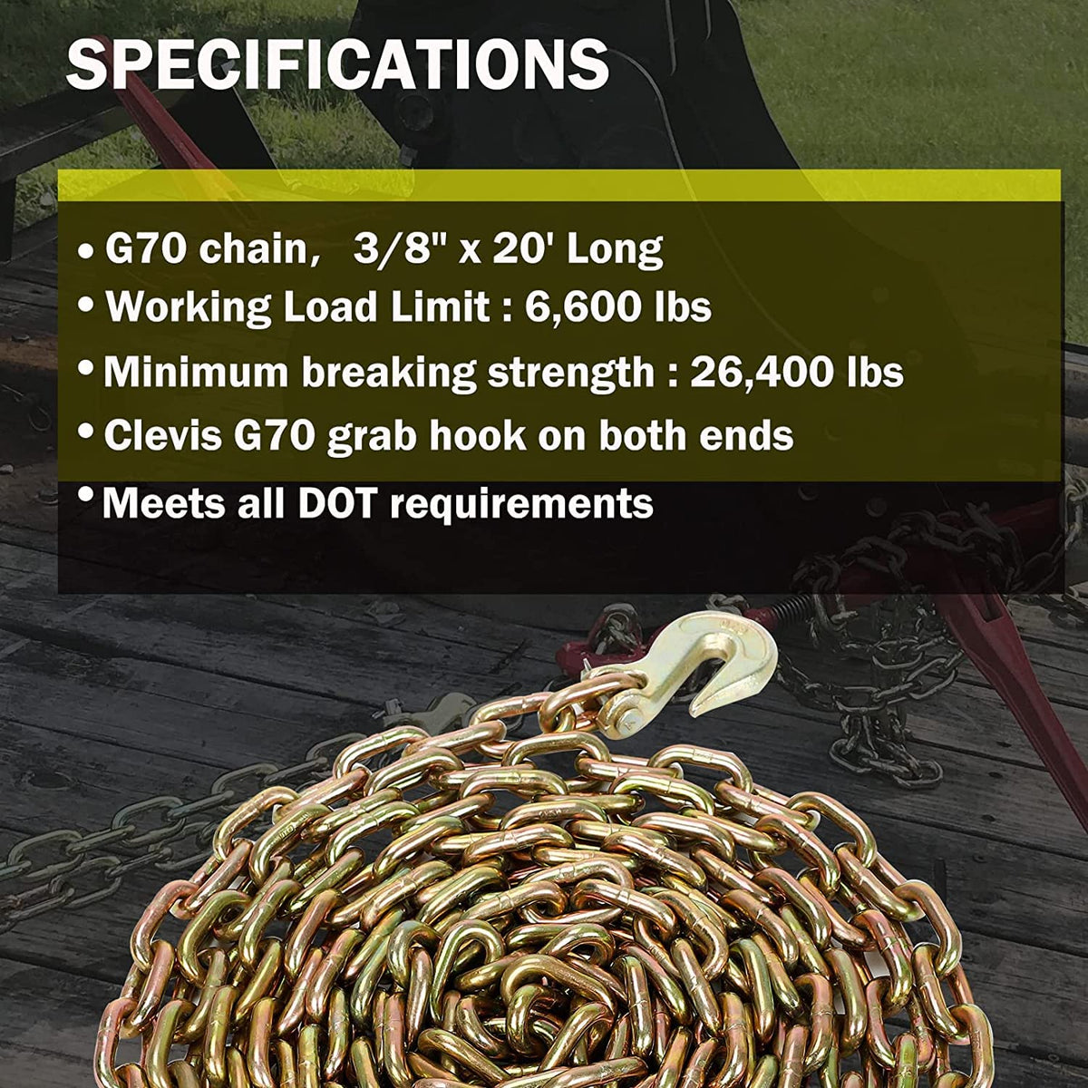 4 Pack 3/8" x 20' G70 Welded Steel Tow Chain Binder Tie Down Binder Chain