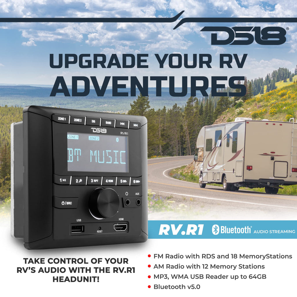 DS18 RVR1 RV Headunit LCD Screen, 2 Zones, 4 Volts Output, FM/AM, MP3, USB, HDMI, Bluetooth, RDS 4X40 Watts - Great Stereo Receiver for Recreational Vehicle RV