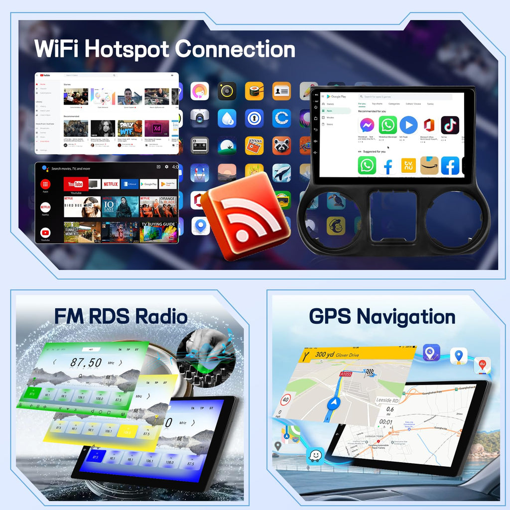 8 Core 4+64G Qualcomm Radio for Jeep Wrangler 2011 2012 2013 2014, Android Wrangler Car Stereo 10.1 inches Touch Screen/Carplay/Android Auto/Bluetooth 5.1/SWC/FM RDS