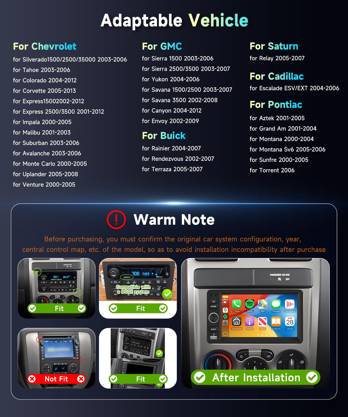 Car Radio Stereo(Support Bose System) for Chevy Silverado SSR Tahoe 2003-2006,GMC Siera Yukon 2003-2006,Hummer H2 2003-2007,Touchscreen/Wireless CarPlay/Android Auto/DSP/GPS/Backup Camera 2G+64G