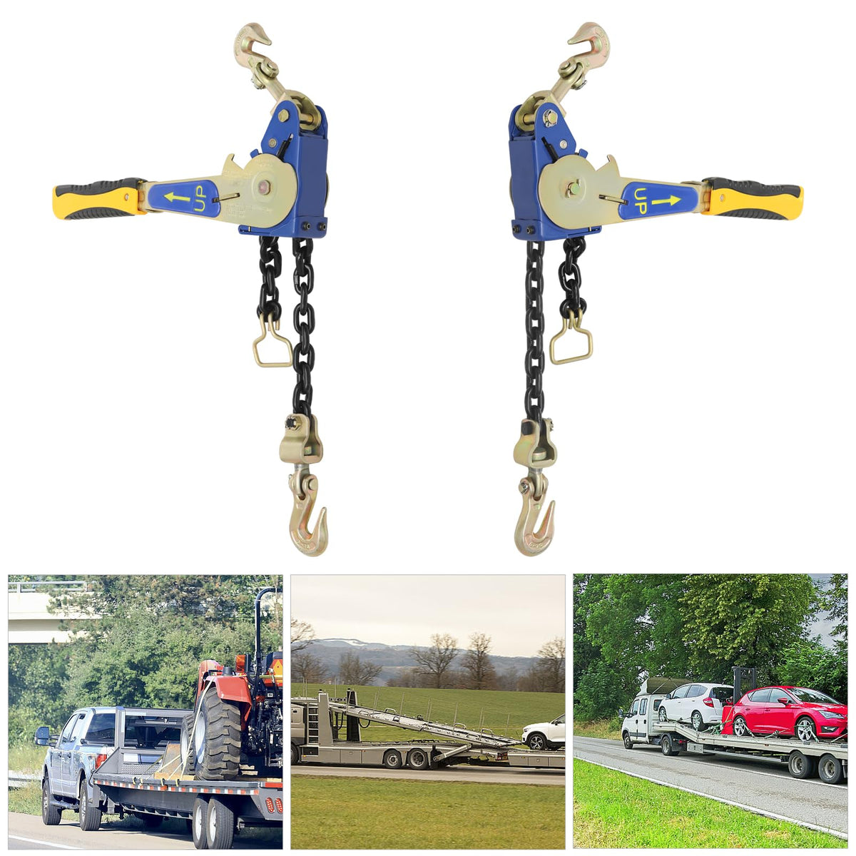 2 PCS Ratcheting Chain Load Binders, 5400Lbs Heavy Duty Chain Binder, Tie Down Ratchet Load Binder w/Double Gear Ratchet Strong Hook & Anti-Slip Handle for Truck Hauling & Towing