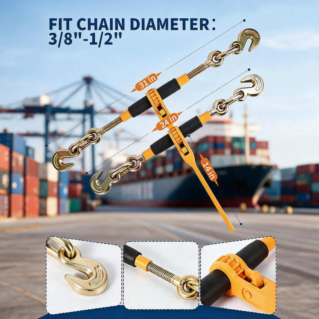 10ft 3/8" Chain and Binder Kit 4 Pack, 3/8"-1/2" Ratchet Load Binders