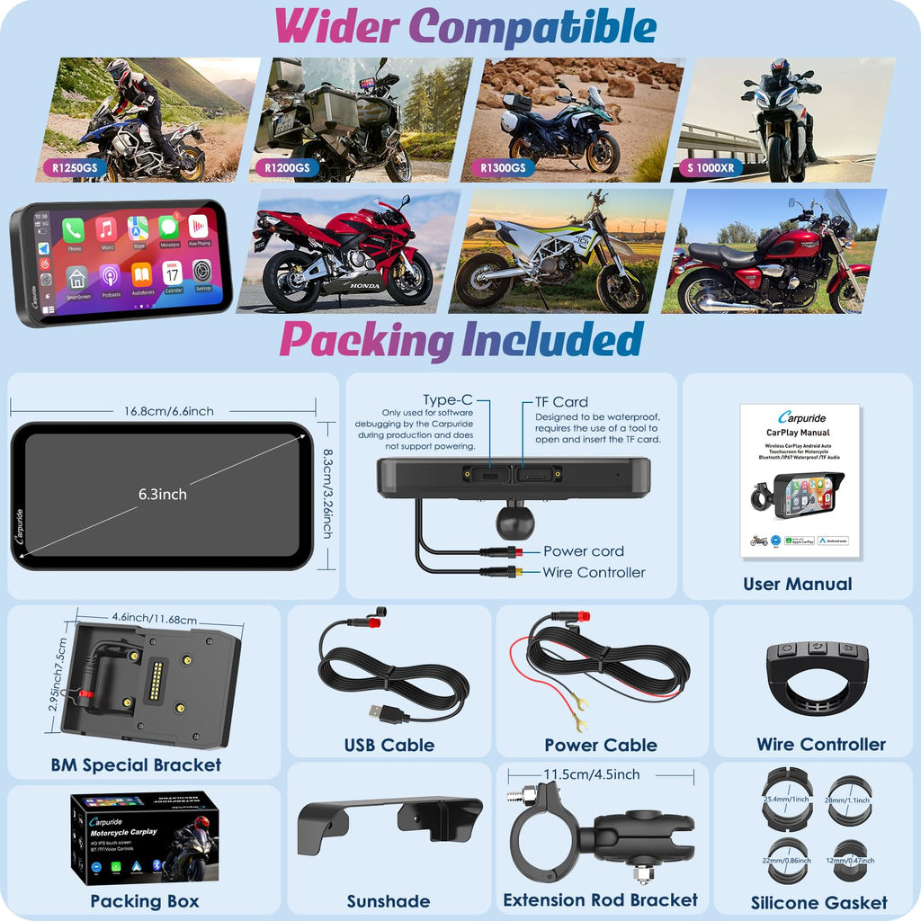 Carpuride W603B 6.3" Motorcycle Carplay Screen for R1200GS R1250GS S1000XR