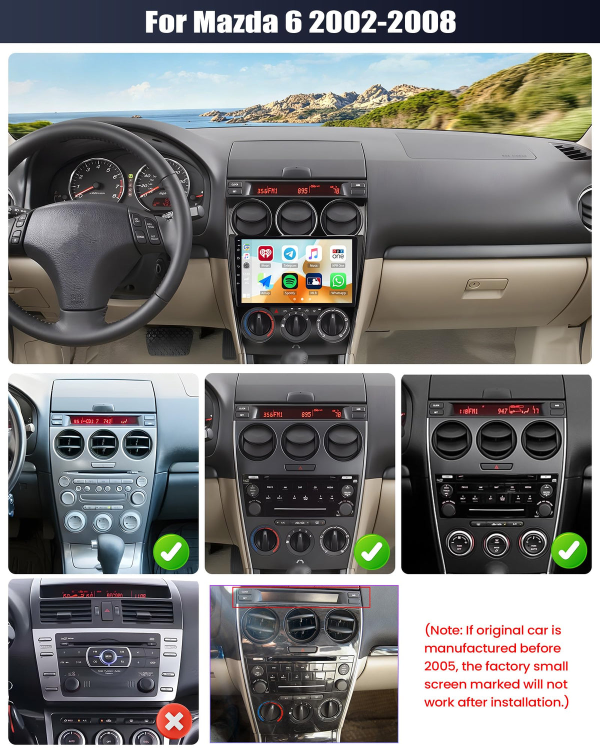SIXTOP 4G+64G Android Car Stereo Radio for Mazda 6 2002-2008 Wireless Carplay Android Auto 9 Inch Touchscreen GPS Bluetooth 5.0 Head Unit WiFi 6 FM/RDS EQ SWC AHD Backup Camera