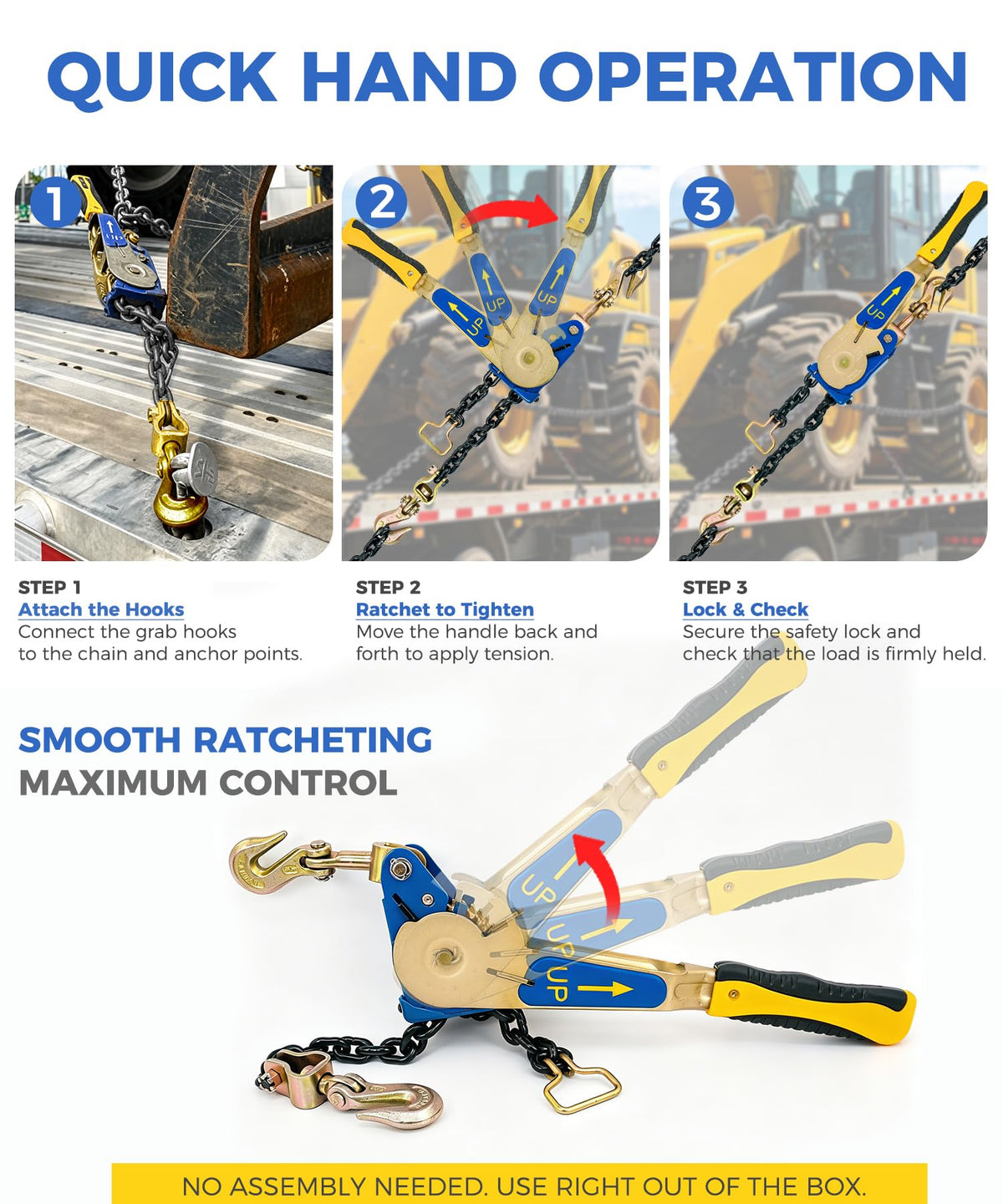 2 Pack 5/16"-3/8" EZ Ratchet Chain Binders with Grab Hooks