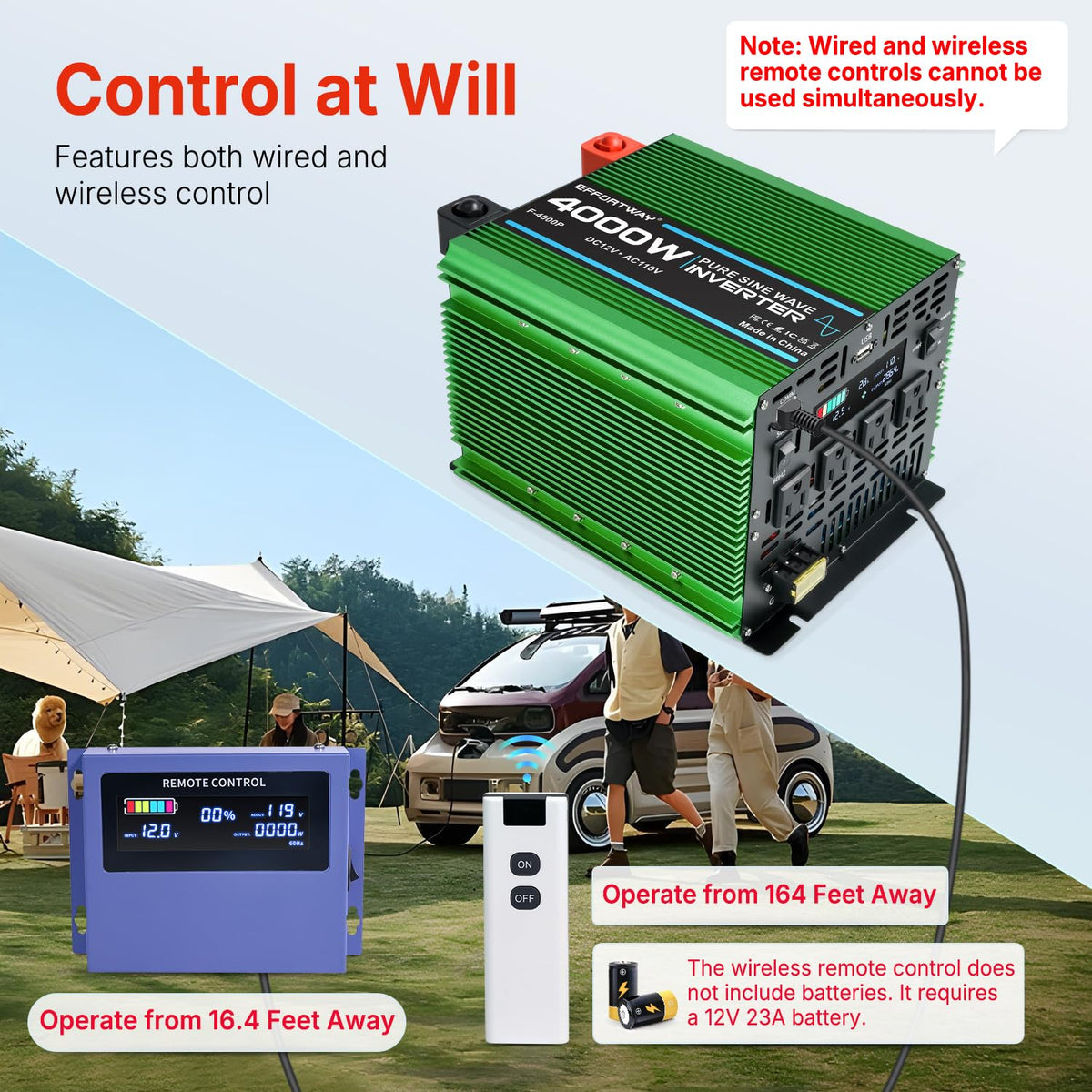 4000W Pure Sine Wave Power Inverter, 12V DC to 110V/120V Inverter with 4 AC Outlets, USB Port, Hardwire Port, Remote Controller, Car Converter for RV, Truck, Boat, Camping, Off-Grid