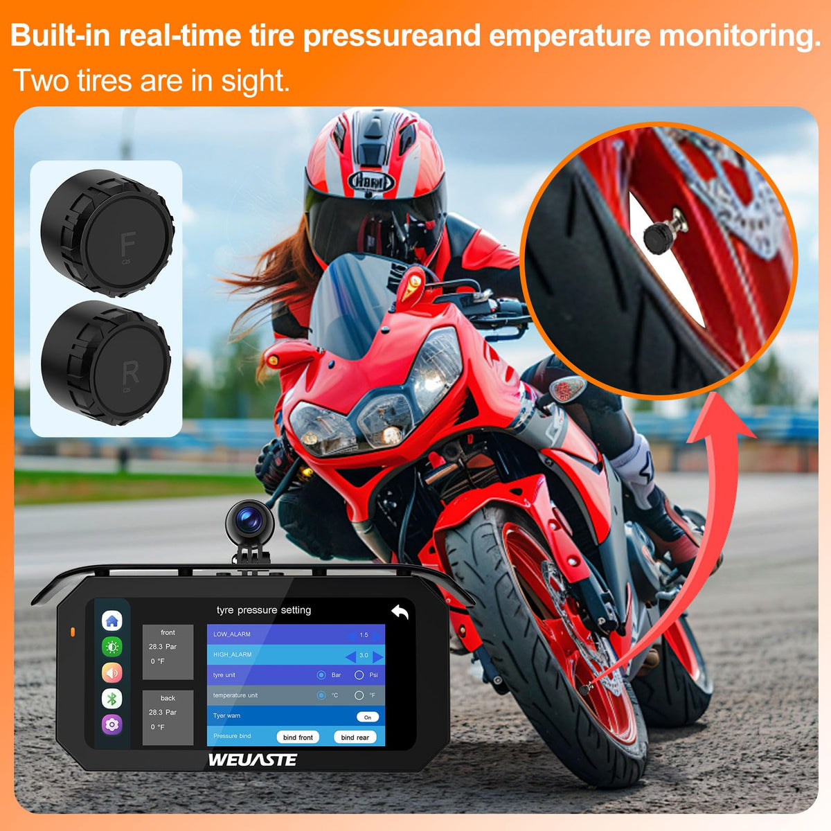6.25' Motorcycle Carplay with Three Dash Cam (Inclues 128G SD),TMPS,GPS Navigation with Wireless Android Auto,Waterproof Touchscreen,Support Siri,Google Assistant,Anti-Glare,Bluetooth