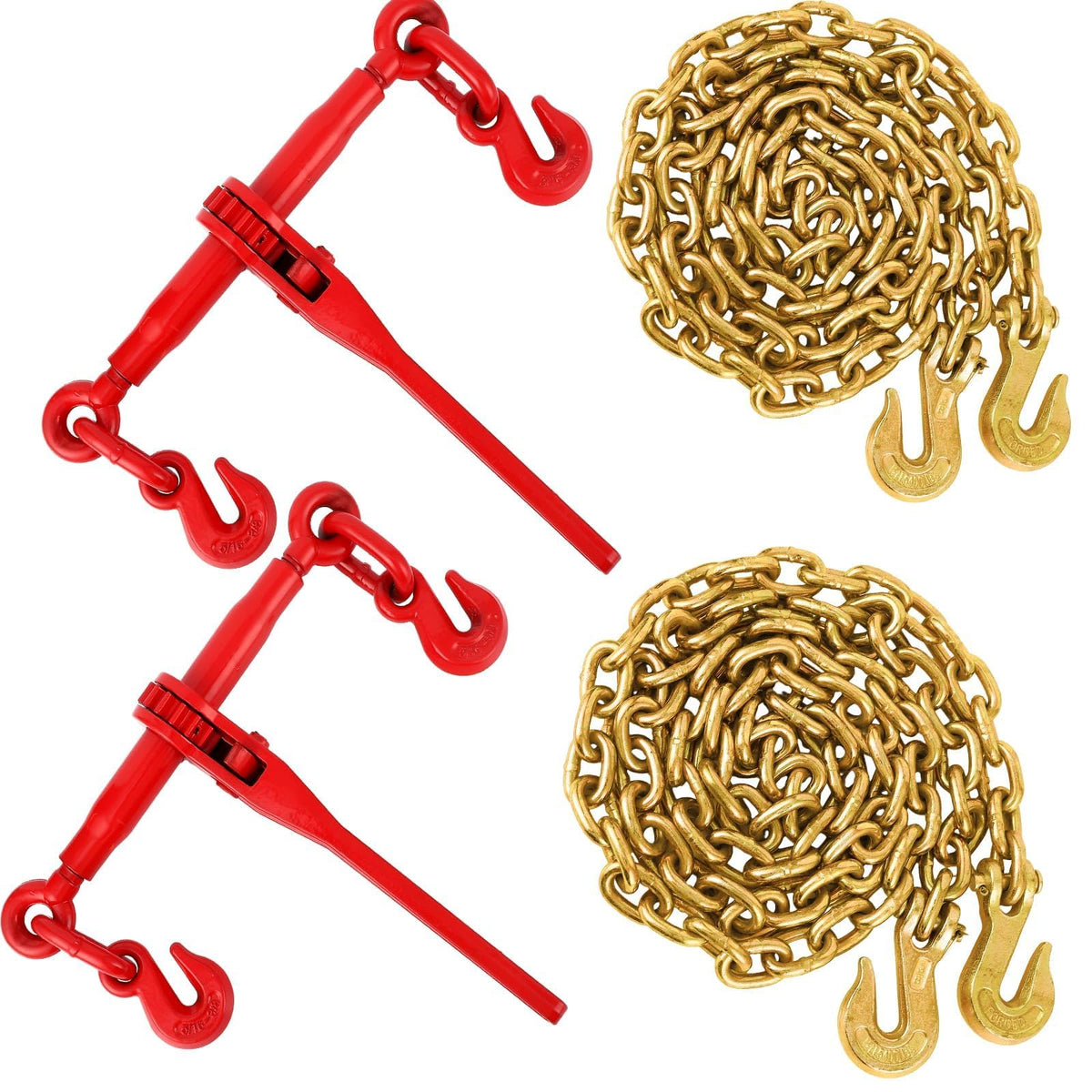 4 Pack 10ft 3/8" Chain and Binder Kit, 3/8"-1/2" Ratchet Binders