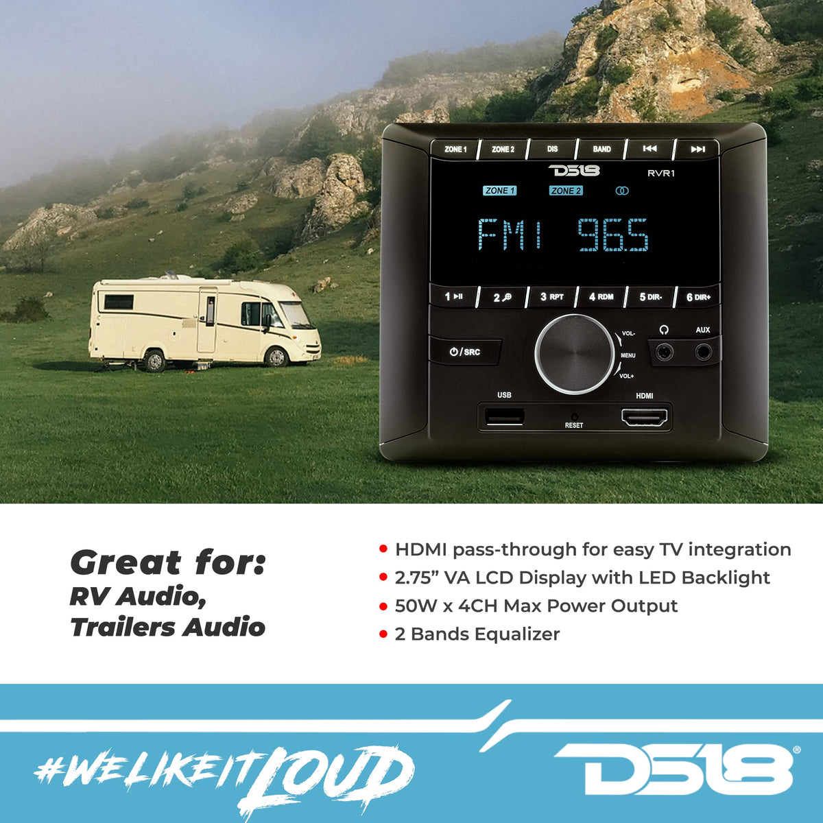 DS18 RVR1 RV Headunit LCD Screen, 2 Zones, 4 Volts Output, FM/AM, MP3, USB, HDMI, Bluetooth, RDS 4X40 Watts - Great Stereo Receiver for Recreational Vehicle RV