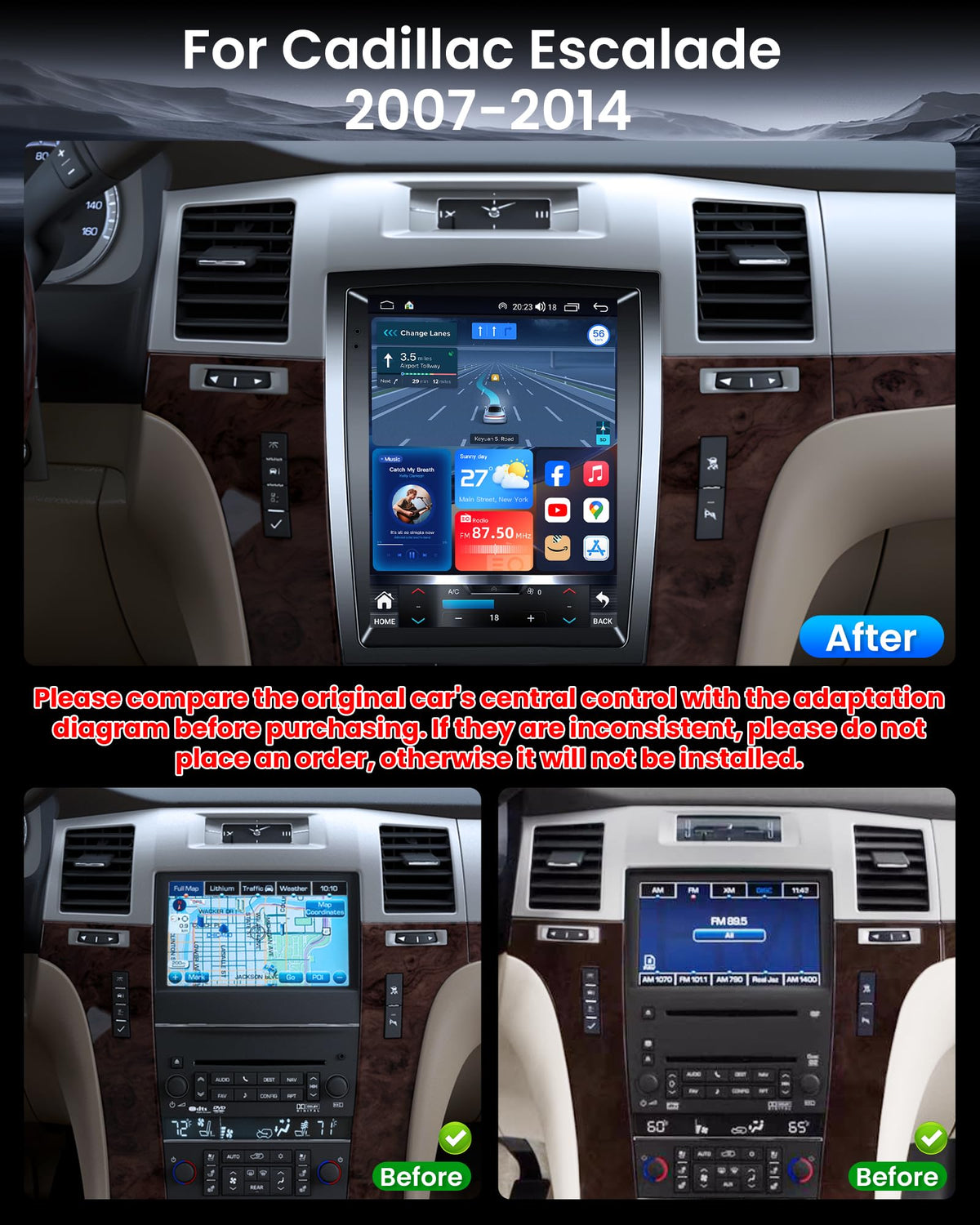 [8Core 4+64GB] Car Radio for Cadillac Escalade SLS 2007-2014: 9.7" TouchScreen Stereo with CarPlay Android Auto 5GWiFi Bluetooth GPS Navigation Split Screen Mirror Link FM AM RDS DSP SWC Backup Camera