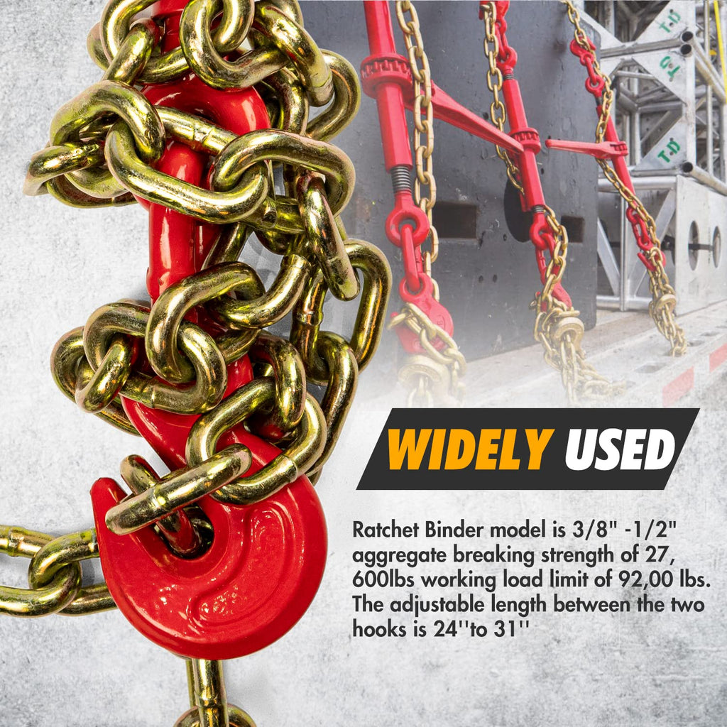 Chain Binder 3/8" -1/2" Grade 70 and 3/8"×10ft Chains Includes (4) Binders and (4) Chains for Industrial Agricultural Towing Applications in Chain and Binder Kit