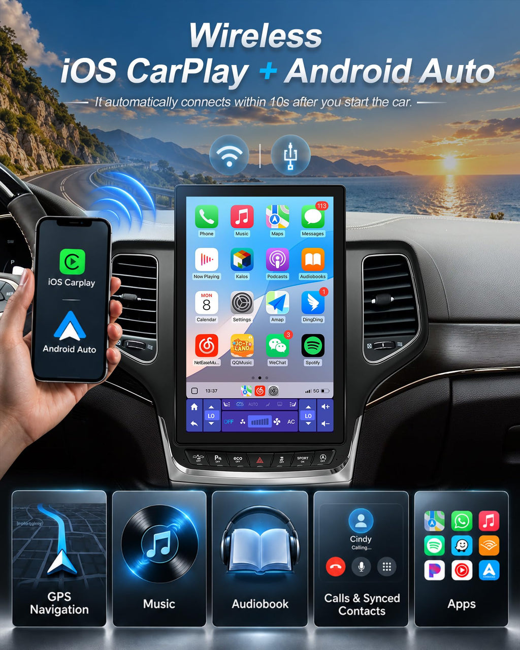 12.95" Car Radio Stereo Upgrade for Grand Cherokee 2014-2022,Wireless CarPlay Android Auto,Android 13 Head Unit with WiFi SWC GPS 1080P Backup Camera 4+64GB