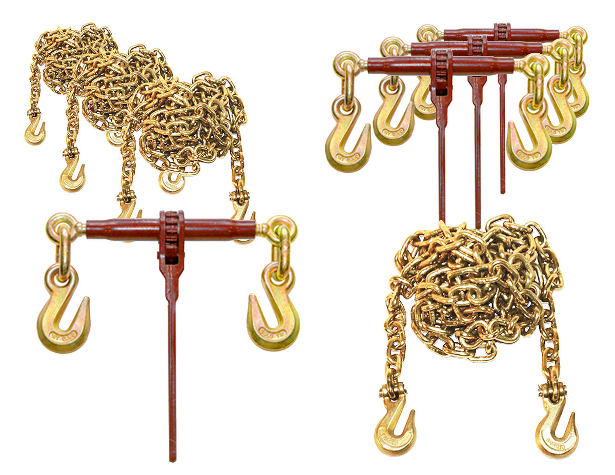 Gold-Tip Premium 3/8" Transport Tie Down Package - 4 Pack - Ratchet Binders & 10' FT Chains Grade 70