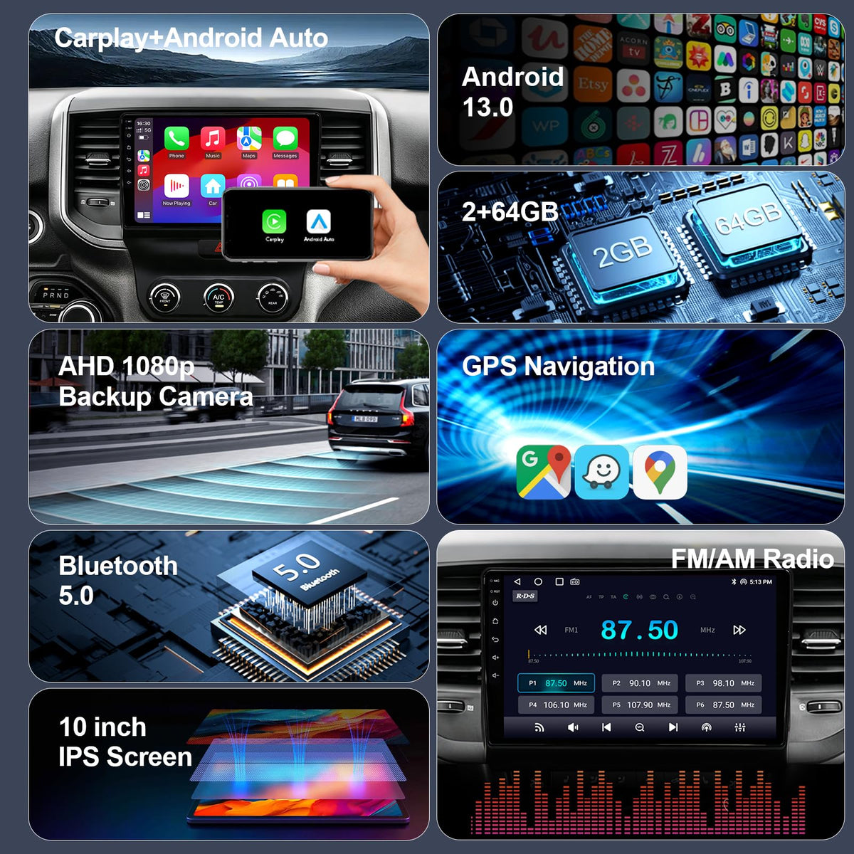 10.2" 64GB Car Radio Stereo for 2013-2018 Dodge Ram 1500 2500 3500(Manual & Auto A/C), Upgrade Plug and Play Android 13 Head Unit with Wireless Carplay/Android Auto/1080P Backup Camera/AM FM
