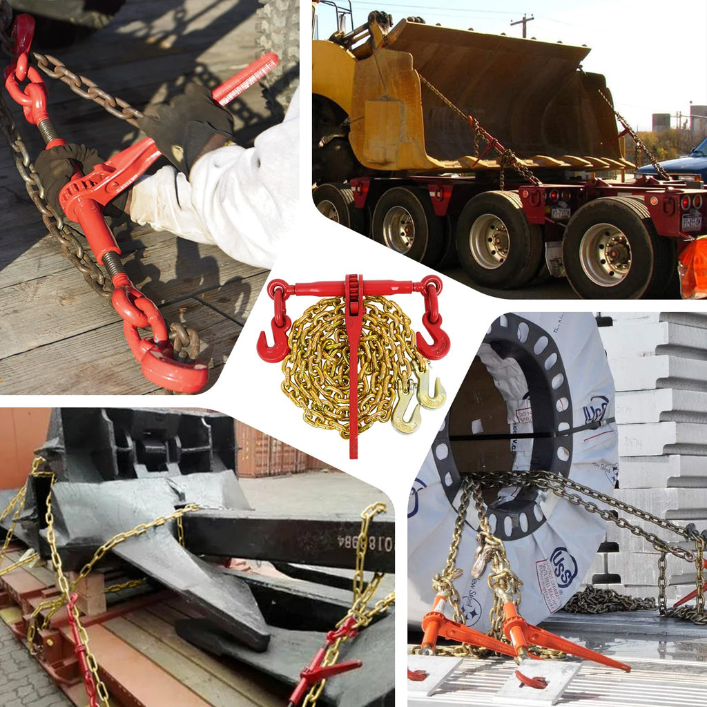 3/8" to 1/2" Ratchet Chain Binder with G80 5400 lbs Safe Working Load 3/8" X 10FT Binder Chain，with Grappling G70 Hook, Tie Down Hauling Chain Binders for Flatbed Truck Trailer