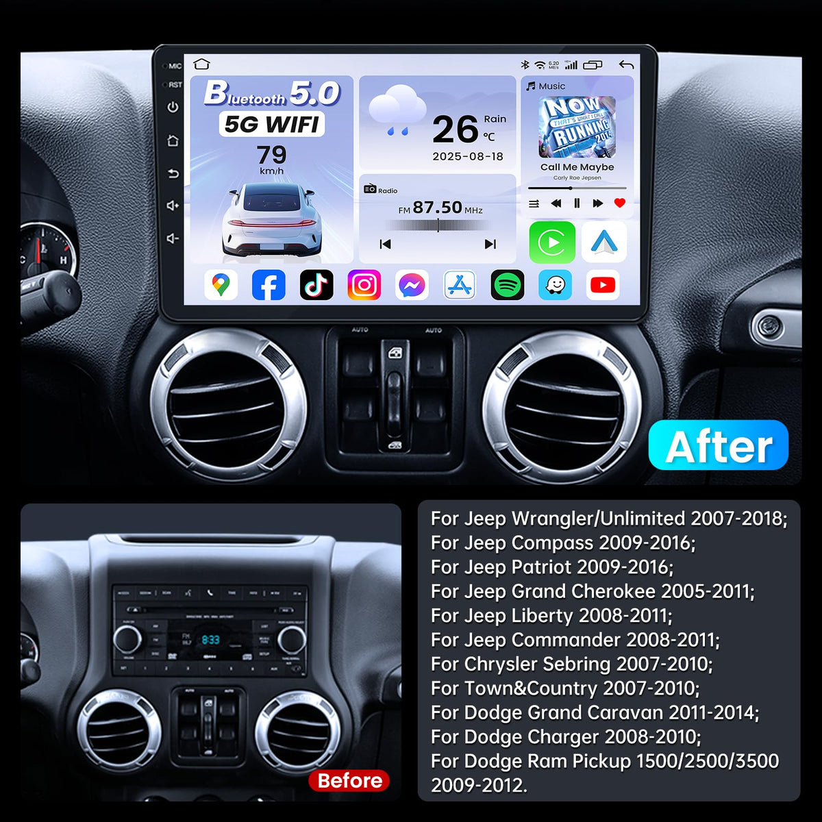 10" Car Radio for Jeep Wrangler JK 2007-2017 8Core 4+64GB ROM
