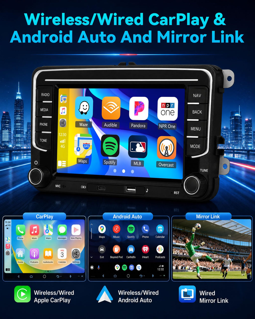 4G+128GB Android 15 Car Stereo for VW Car Radio with Wireless Carplay