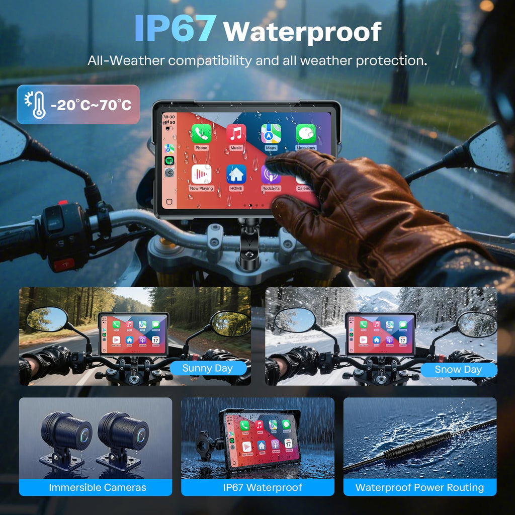 Motorcycle CarPlay Screen with Android Auto – 7” Waterproof GPS, Pantalla para Moto, Apple CarPlay, Navigation System for Motorcycle, Dual 4K Dash Cam Bluetooth Audio, BSD & TPMS