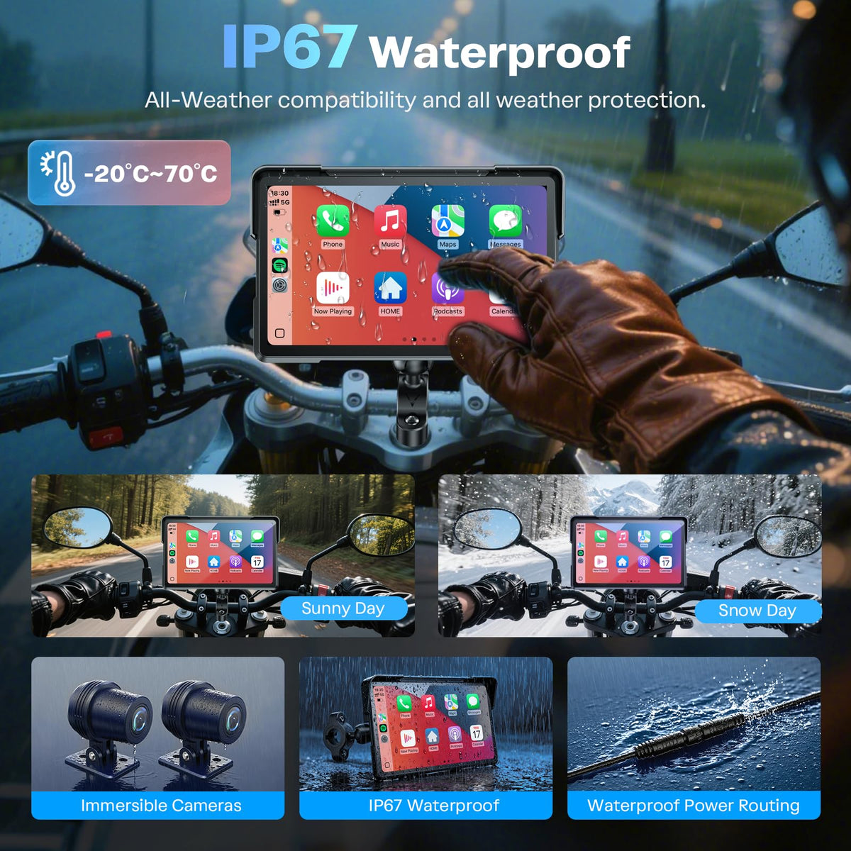 Motorcycle CarPlay Screen with Android Auto – 7” Waterproof GPS, Pantalla para Moto, Apple CarPlay, Navigation System for Motorcycle, Dual 4K Dash Cam Bluetooth Audio, BSD & TPMS