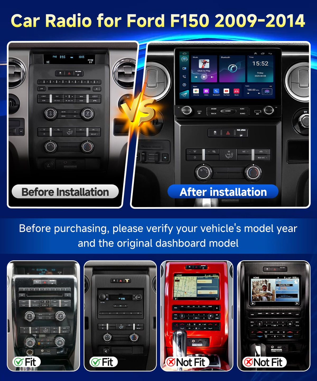 VQU Car Stereo for Ford F150 2009 to 2012, 10.2 Inch Car Radio Upgrade for F-150 2010 2011 Manual A/C, Android 13 Touch Screen CarPlay/Android Auto Radio with Backup Camera/FM/SWC/DPS (2+32G)