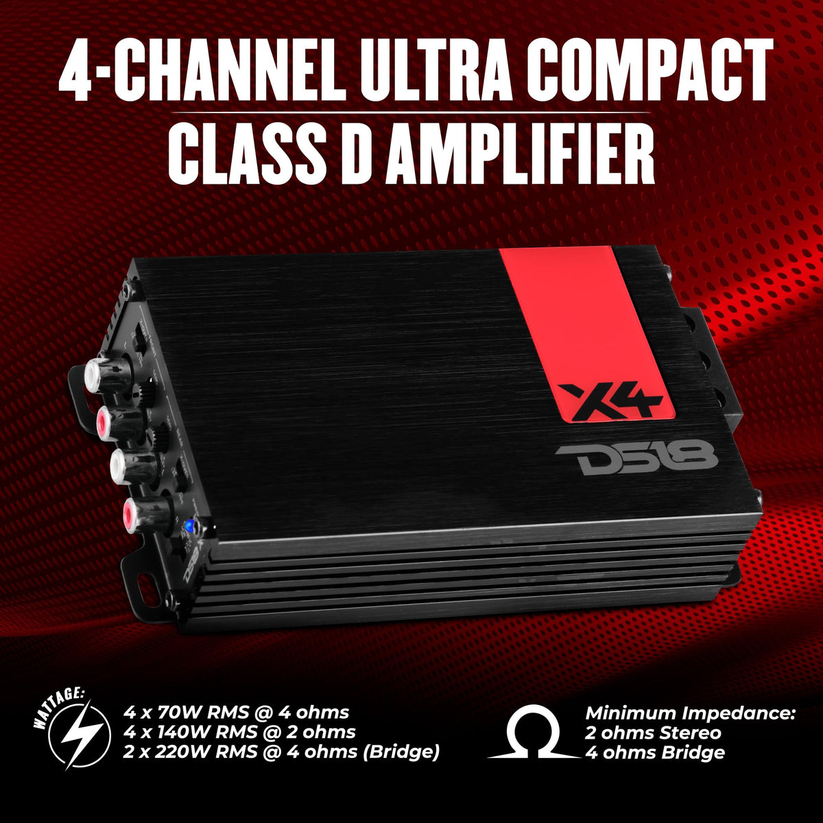 DS18 X4 Amplifier 4-Channel Ultra Compact Class D 4 x 70 Watts RMS @ 4-ohm, Stereo Full Range, Car Audio Amplifier, Great Compact Amp for Motorcycle, Powersports