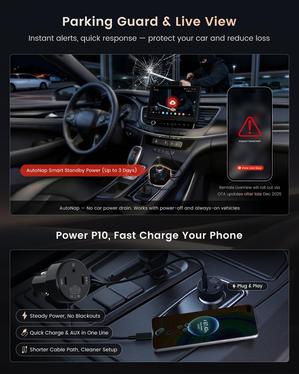 P10 9" CarPlay Screen for Car, Wireless CarPlay & Android Auto GPS Navigation, Built-in 4G LTE, Up to 30-Day Parking Monitor, Remote Live View, Dual 1080P Dash Cam, QLED Display, ChatGPT & Gemini AI