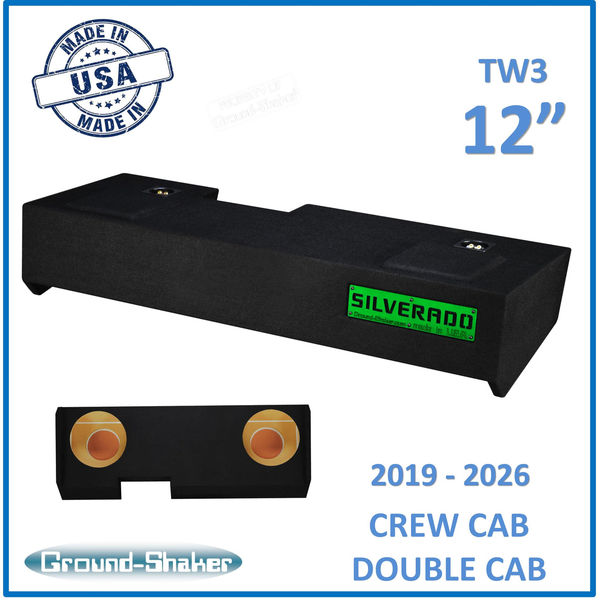 Chevy Silverado 2019-2026 Crew Cab and Double Cab 10" Dual Ground Shaker Subwoofer Enclosure Ported and Sealed (Green, 12" TW3)