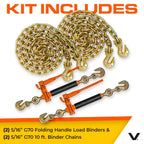 VULCAN Chain and Load Binder Kit - (2) Grade 70 5/16 Inch x 10 Foot Chains and (2) Folding Handle Load Binders - 4,700 Pound Safe Working Load