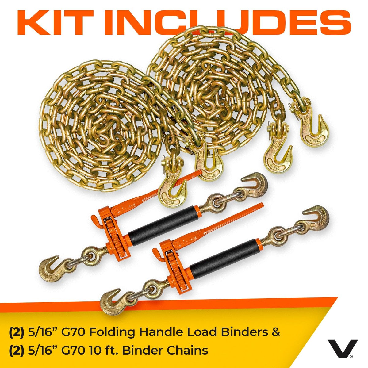 VULCAN Chain and Load Binder Kit - (2) Grade 70 5/16 Inch x 10 Foot Chains and (2) Folding Handle Load Binders - 4,700 Pound Safe Working Load