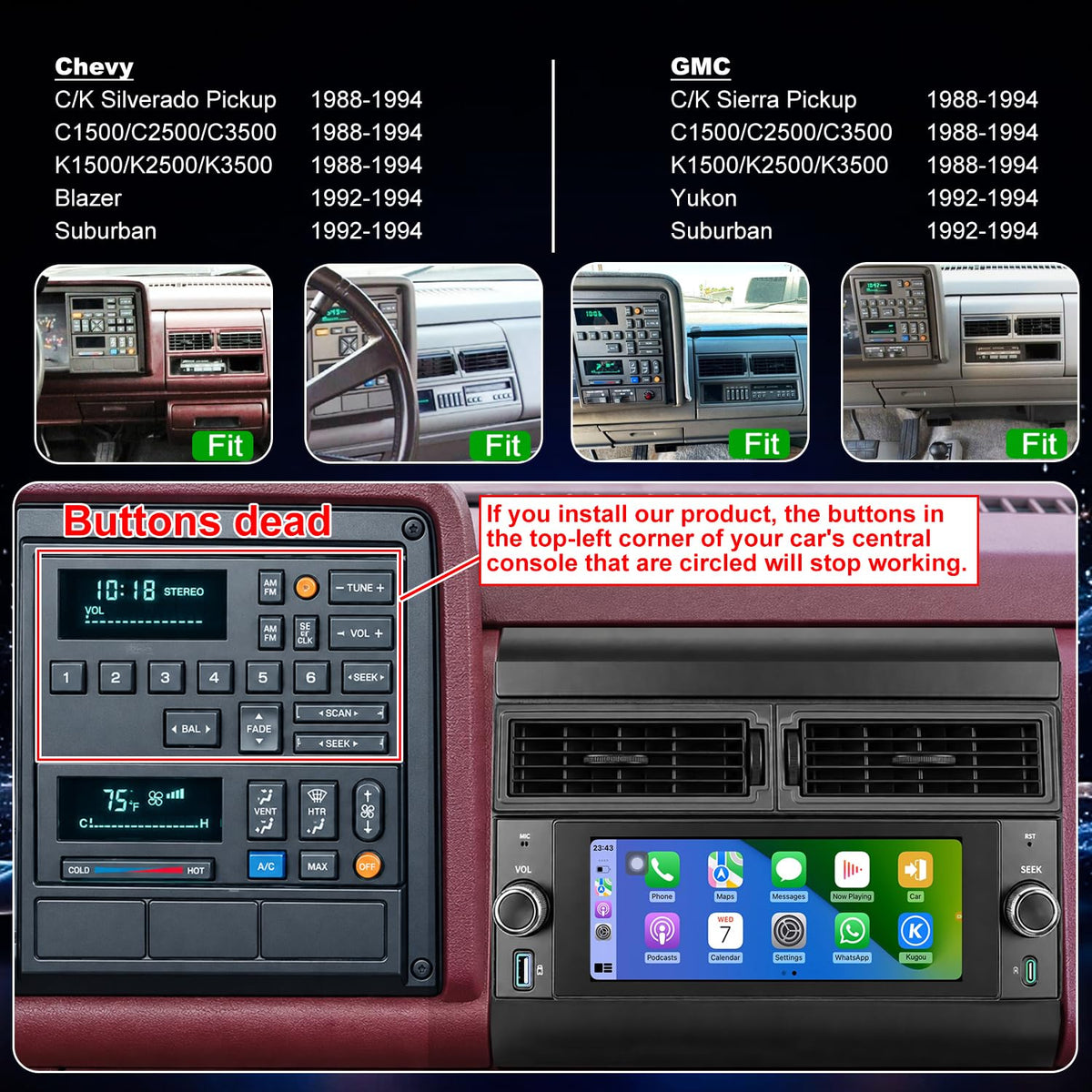 Car Radio Stereo for Chevrolet GMC Pickup 1988-1994 Yukon Suburban