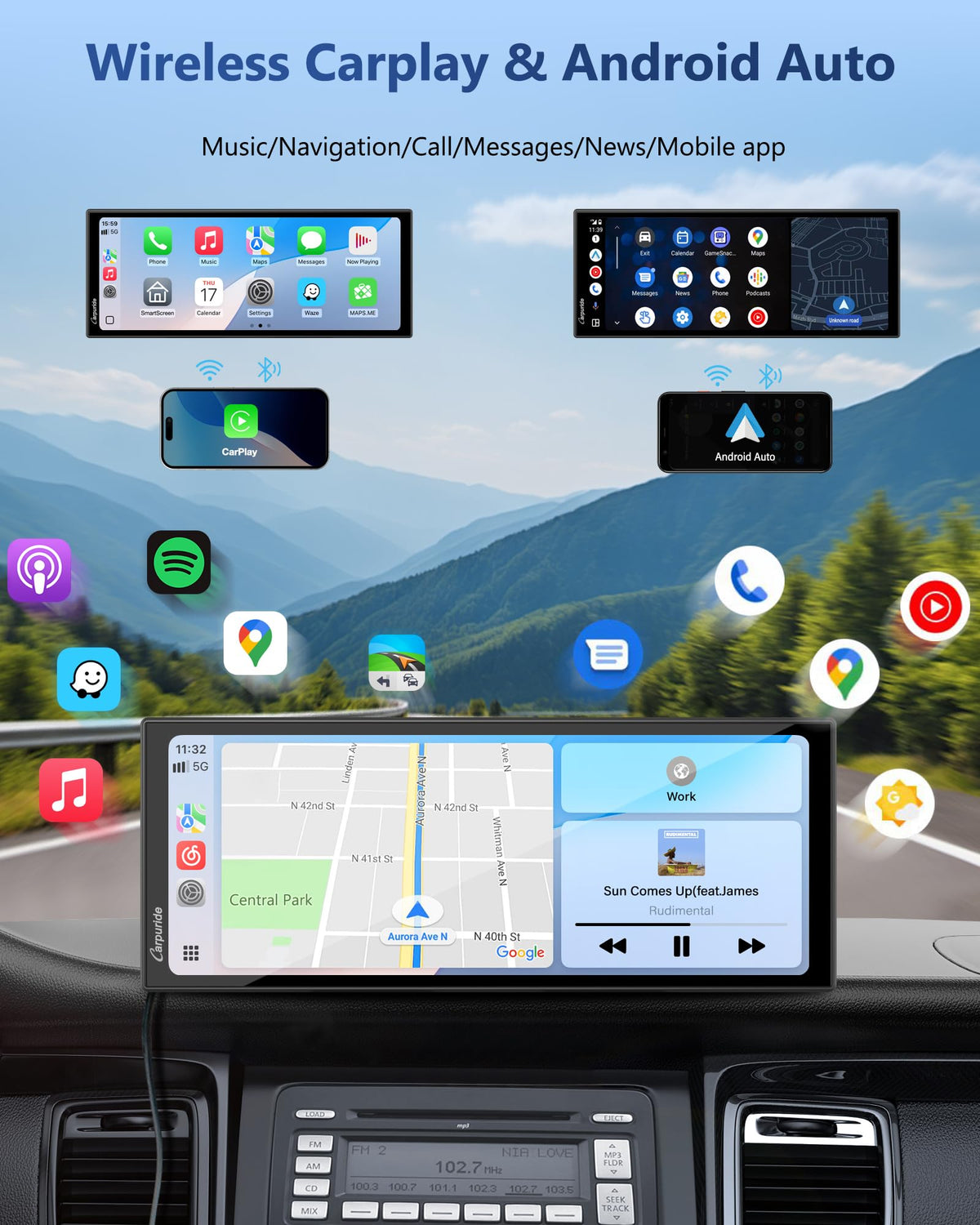 Carpuride Carplay Screen for Car with 4K Dash Cam & 1080P Backup Camera