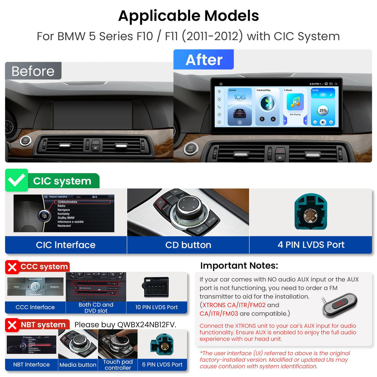 XTRONS Qualcomm 685 Android 14 Car Stereo for BMW 5 Series F10 / F11 2011-2012 with CIC System, 12.3 Inch 2K IPS Touch Screen GPS Navigation Support Wireless CarPlay Android Auto Backup Camera 8+256G