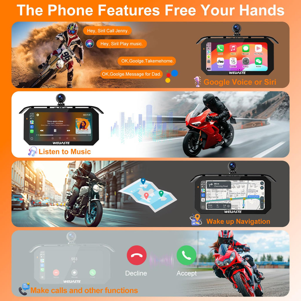 6.25' Motorcycle Carplay with Three Dash Cam (Inclues 128G SD),TMPS,GPS Navigation with Wireless Android Auto,Waterproof Touchscreen,Support Siri,Google Assistant,Anti-Glare,Bluetooth