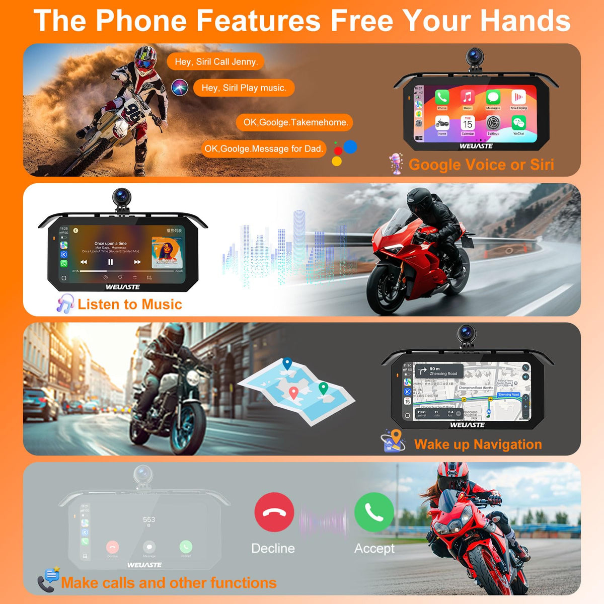 6.25' Motorcycle Carplay with Three Dash Cam (Inclues 128G SD),TMPS,GPS Navigation with Wireless Android Auto,Waterproof Touchscreen,Support Siri,Google Assistant,Anti-Glare,Bluetooth