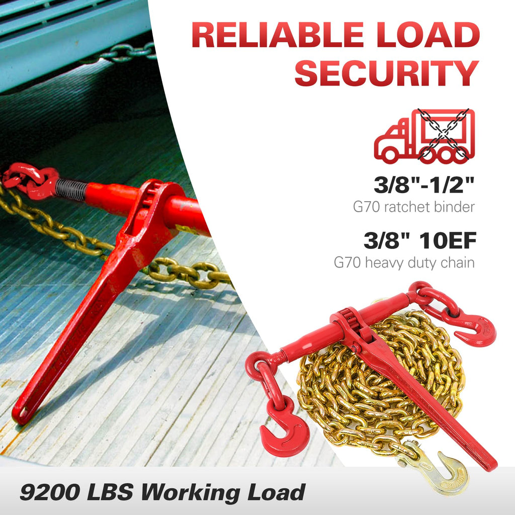 3/8" to 1/2" Ratchet Chain Binder with G80 5400 lbs Safe Working Load 3/8" X 10FT Binder Chain，with Grappling G70 Hook, Tie Down Hauling Chain Binders for Flatbed Truck Trailer